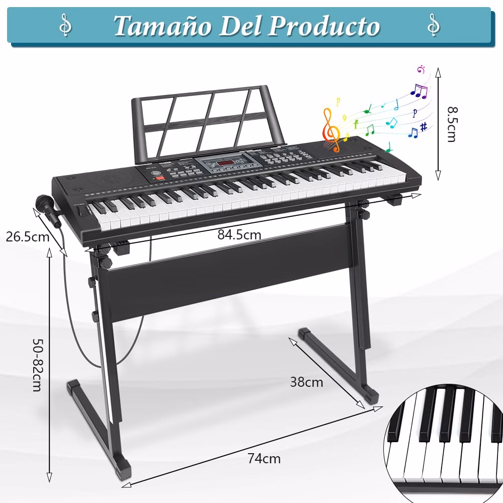 ¿Cuánto mide un piano eléctrico de 61 teclas?